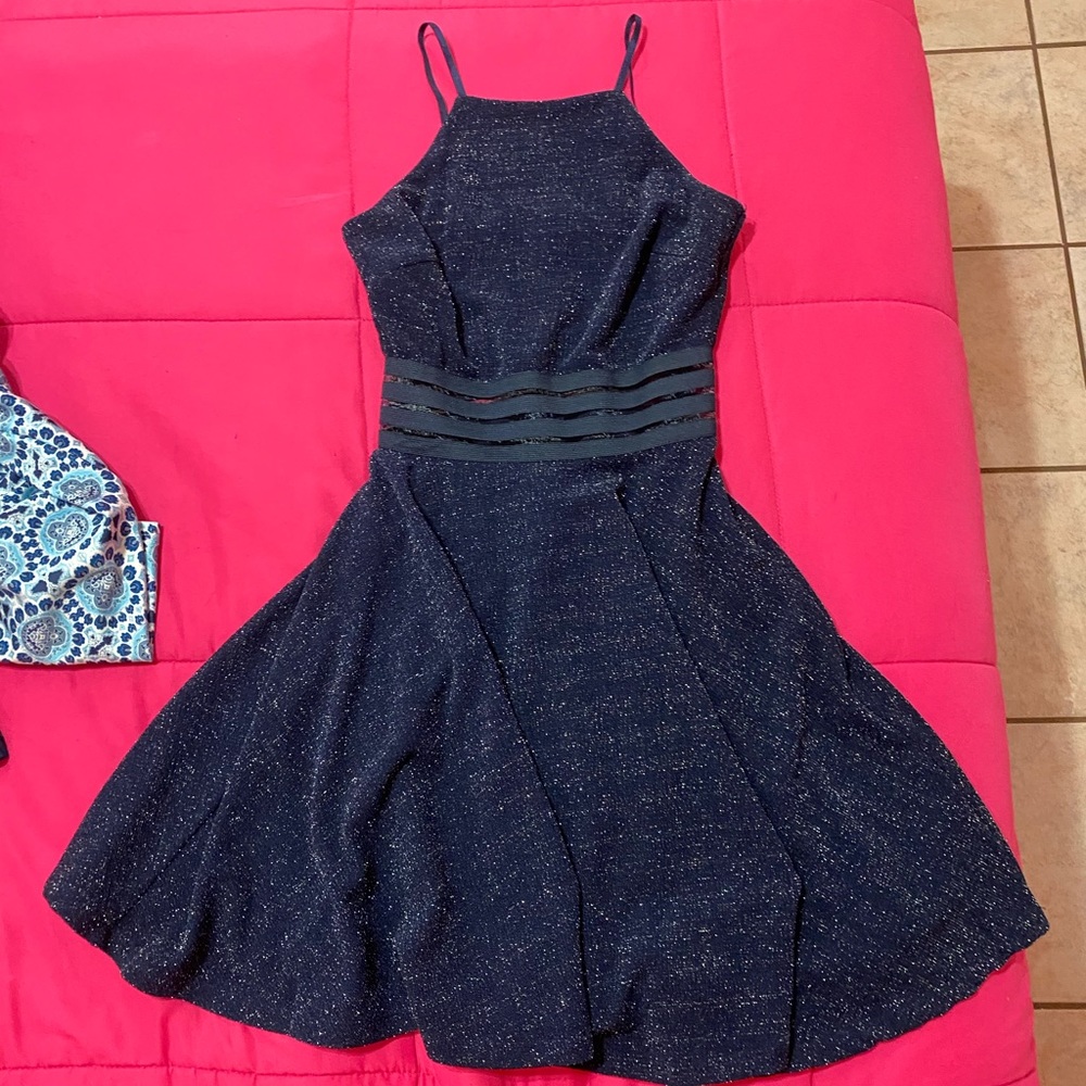 Halter Neck Glittery Navy Blue Skater Dress